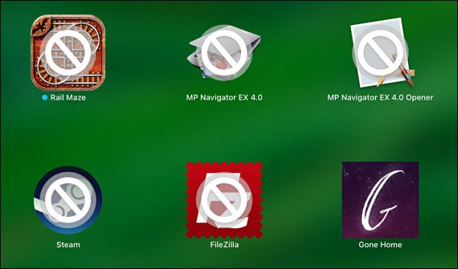 Un ejemplo de aplicaciones Mac de 32 bits tachadas en Launchpad en macOS.