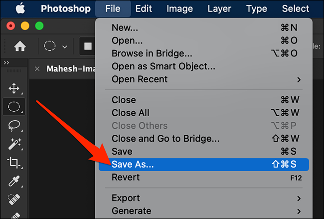 Seleccione Guardar como en el menú Archivo de Photoshop