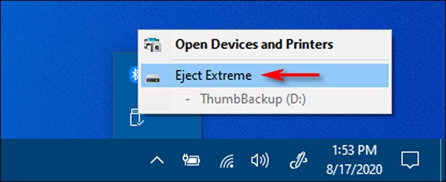 Haga clic en "Expulsar" y el nombre de la unidad USB que desea eliminar en Windows 10.