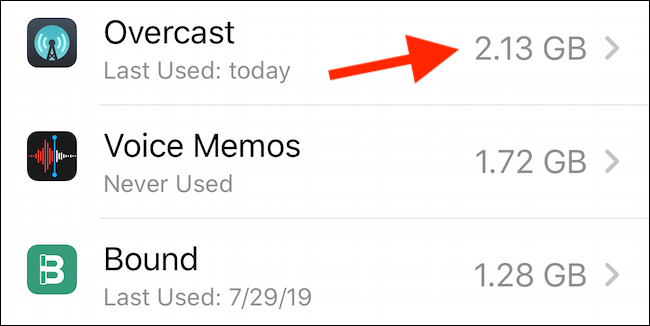 Una lista de aplicaciones y cuánto espacio usan en el almacenamiento del iPhone.