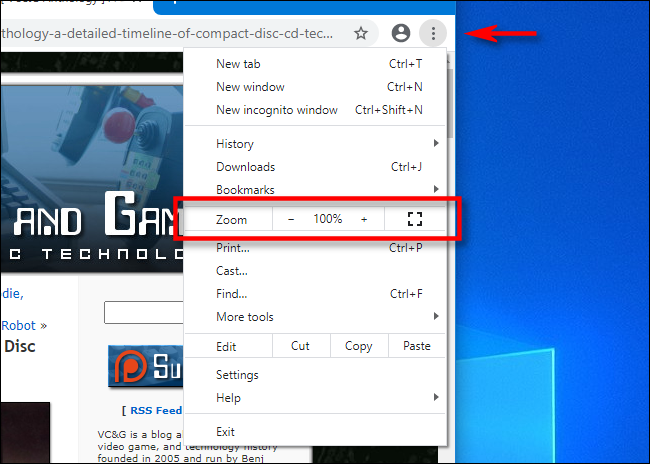 Haga clic en el menú de puntos suspensivos verticales en Chrome para hacer zoom