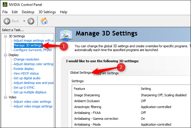 Gestión de la configuración 3D global en el panel de control de NVIDIA