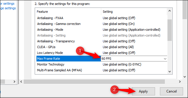 Establecer un límite de velocidad de fotogramas para un juego específico en los controladores GeForce de NVIDIA.