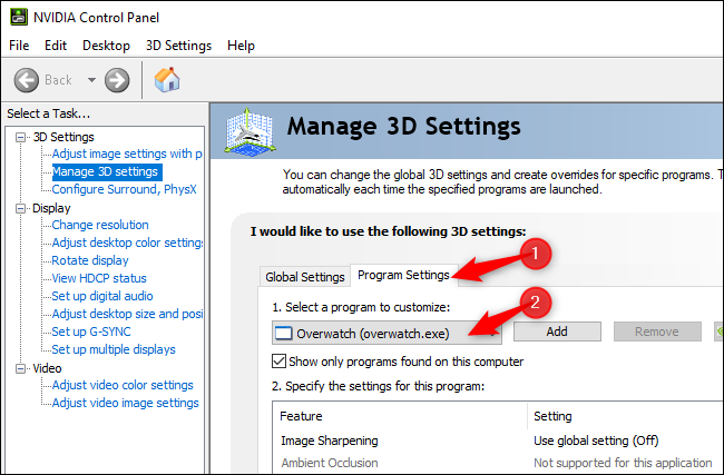 Administre la configuración 3D para un juego individual en el Panel de control de NVIDIA.