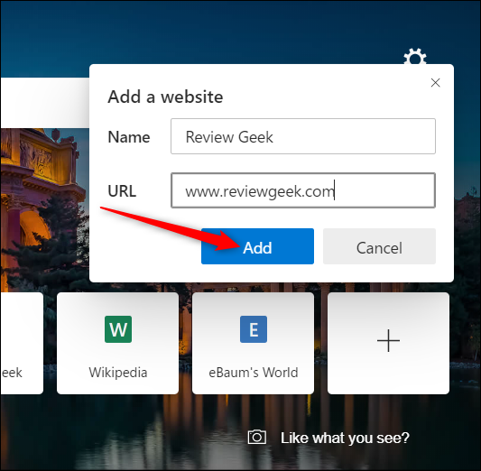 Ingrese un nombre y la URL del sitio web, luego haga clic en "Agregar" cuando haya finalizado.