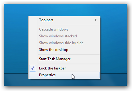 Menú de propiedades de la barra de tareas de Windows 7
