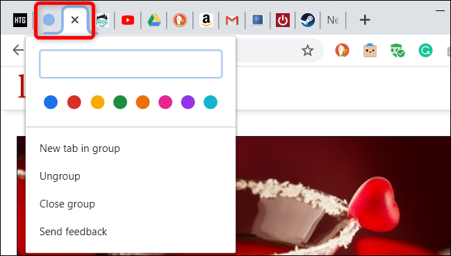 Haga clic en el círculo de color para abrir el menú Grupos de pestañas.
