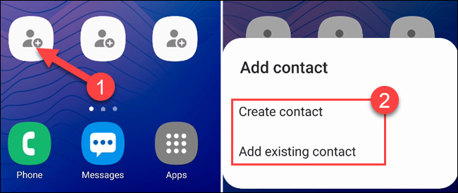 Toque uno de los atajos vacíos para seleccionar un contacto y luego seleccione "Crear contacto" Dónde "Agrega un contacto existente."