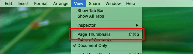 Un atajo de teclado junto a "Miniaturas de página" en el "Visto" menú en "Páginas."