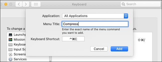 Para crear un "Comprimir" atajo para "Todas las aplicaciones" en Preferencias de teclado en Mac.