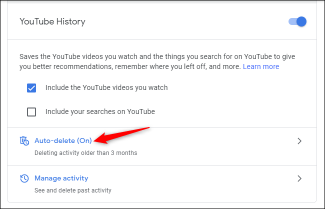 Controles para la eliminación automática del historial de YouTube en una cuenta de Google.