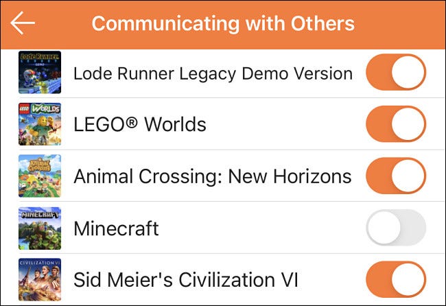 Un ejemplo de activación o desactivación "comunicarse con otros" para algunos juegos en los controles parentales de Switch.