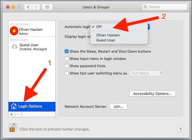 Haga clic en Opciones de inicio de sesión, luego haga clic en Inicio de sesión automático antes de seleccionar el usuario que necesita.