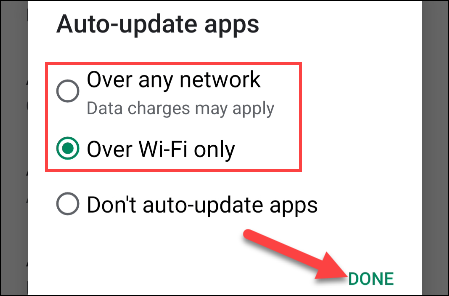 Asegurarse "En cualquier red" Dónde "Solo por Wi-Fi" está seleccionado, luego presione el "Terminado" botón.