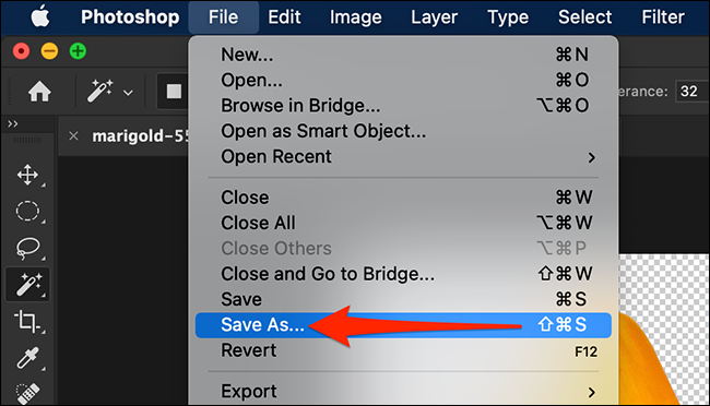 Haga clic en "Archivo> Guardar como" en Photoshop.» ancho =»650″ altura =»372″ onload =»pagespeed.lazyLoadImages.loadIfVisibleAndMaybeBeacon (esto);» onerror =»this.onerror = null; pagespeed.lazyLoadImages.loadIfVisibleAndMaybeBeacon (esto);»/></p>
<p>En la ventana «Guardar como» que se abre, haga clic en el cuadro «Guardar como» en la parte superior y escriba un nombre para su foto.  Seleccione una carpeta en la que guardar su foto.  Luego haga clic en el menú desplegable «Formato» y elige un <a rel=