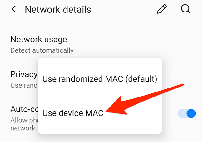 Grifo "Usar MAC del dispositivo" en el menú.