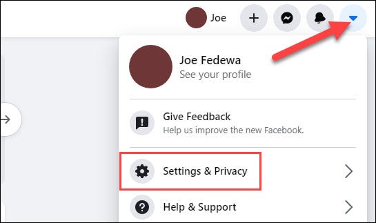 haga clic en la flecha y seleccione configuración y privacidad