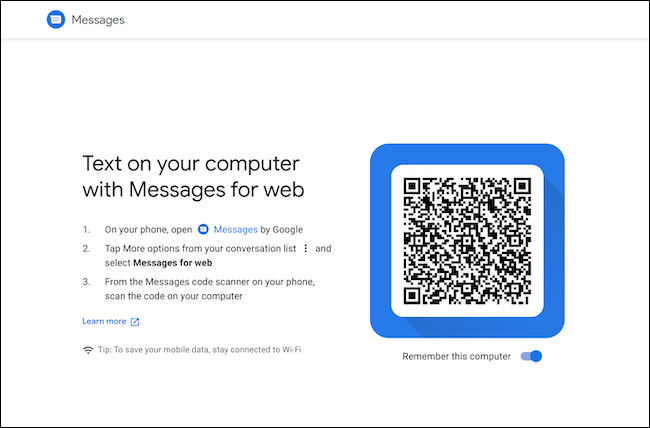 Escanee el código QR para vincular los mensajes de Android y Chromebook