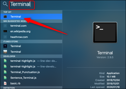 Pegar "Terminal" en la barra de búsqueda de Spotlight, luego haz clic en él en los resultados.