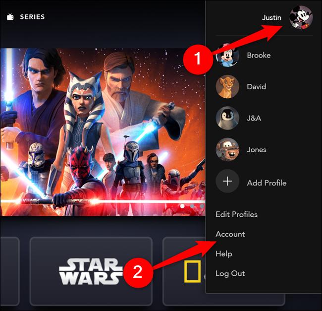 Coloca el cursor sobre tu avatar de Disney + y luego selecciónalo "Cuenta" opción