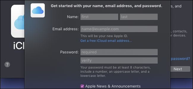 Página de registro de iCloud