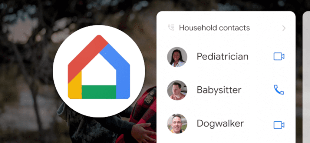 A "Contactos familiares" lista en Google Home.