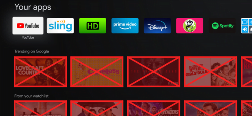 La interfaz de Google TV con recomendaciones tachadas