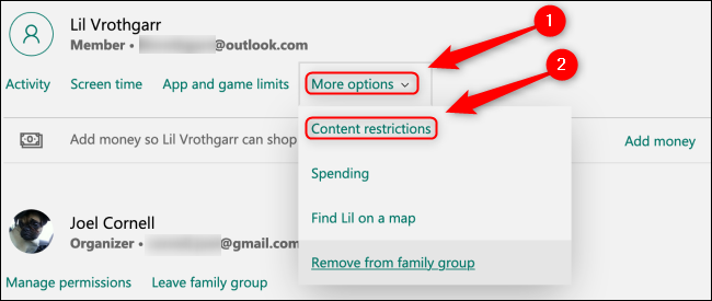 Botón Restricciones de contenido del grupo familiar de Microsoft