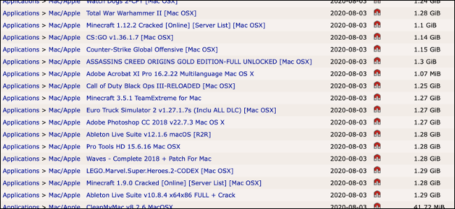 Una lista de software Mac pirateado en un popular rastreador de torrents.