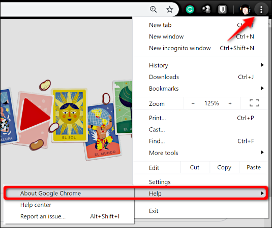 Haga clic en los tres puntos, haga clic en "Ayudar," luego haga clic en "Acerca de Google Chrome."