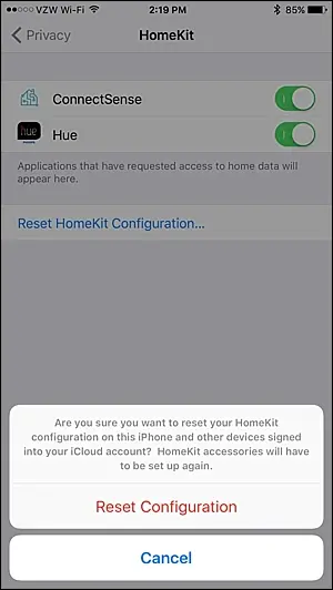 Confirmar el restablecimiento de la configuración de HomeKit