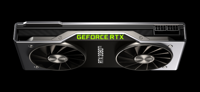 Vista aérea de la tarjeta gráfica RTX 2080 Ti sobre fondo negro.