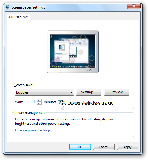 Screen Saver settings dialog