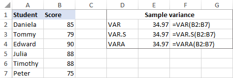 Cálculo de la varianza de la muestra en Excel