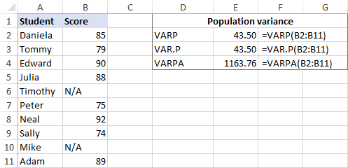 Funciones VARP y VARPA en Excel