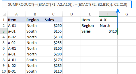 Suma si sensible a mayúsculas y minúsculas en Excel