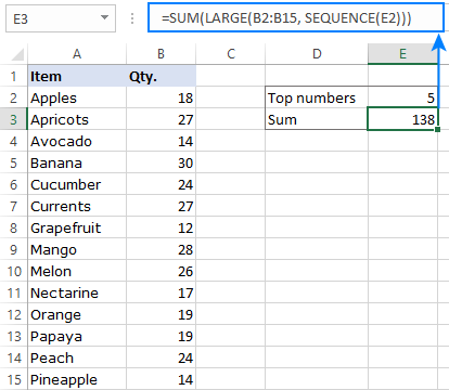 Obtenga la suma de los 5 números más grandes en Excel 365 y Excel 2021.