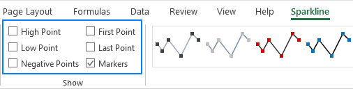 Muestre marcadores y resalte puntos de datos específicos en minigráficos de Excel