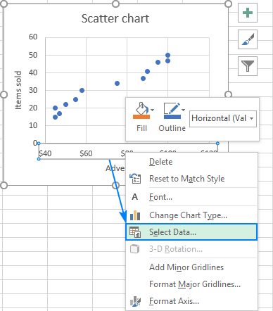 Diagrama de dispersión de Excel: seleccionar datos