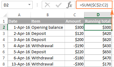 Cálculo del total acumulado para el saldo bancario