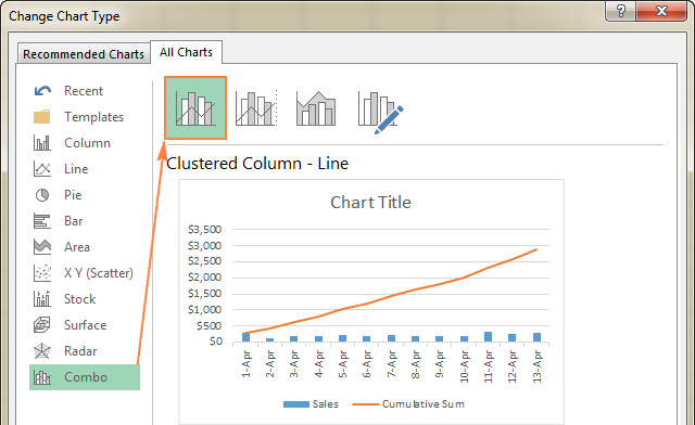 En Excel 2013 o Excel 2016, seleccione el tipo de gráfico combinado.