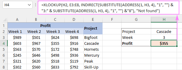 Fórmula dinámica XLOOKUP para extraer valores de una columna especificada por un número