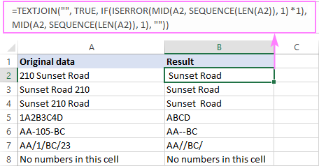 Fórmula de Excel para eliminar números de una cadena de texto