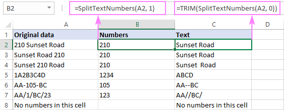 Dividir números y texto en columnas separadas