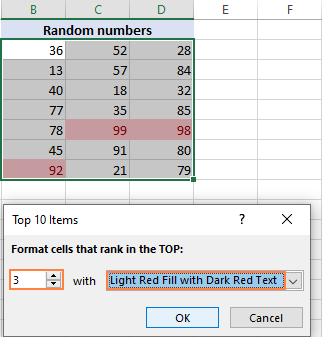 Resaltar los 3 valores principales en un rango con el formato predeterminado.