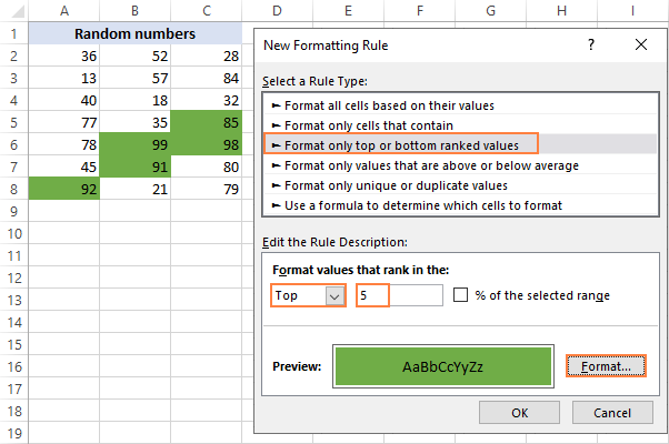 Resalte los 5 valores principales en Excel