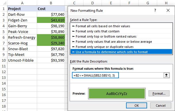 Resaltar valores inferiores en Excel