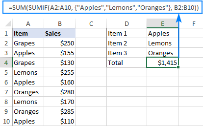 Fórmula SUMIF con constante de matriz para sumar celdas con múltiples criterios OR