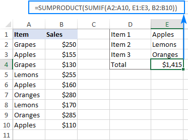 SUMPRODUCT y SUMIF para sumar celdas con múltiples condiciones OR