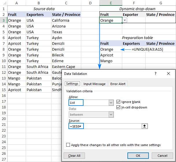 Configuración de la primera lista desplegable